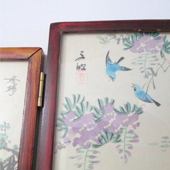 Vintage Miniature Chinese Four Panel Screen Dual Sided Hand Painted Signed 6.5" - Picture 9 of 13